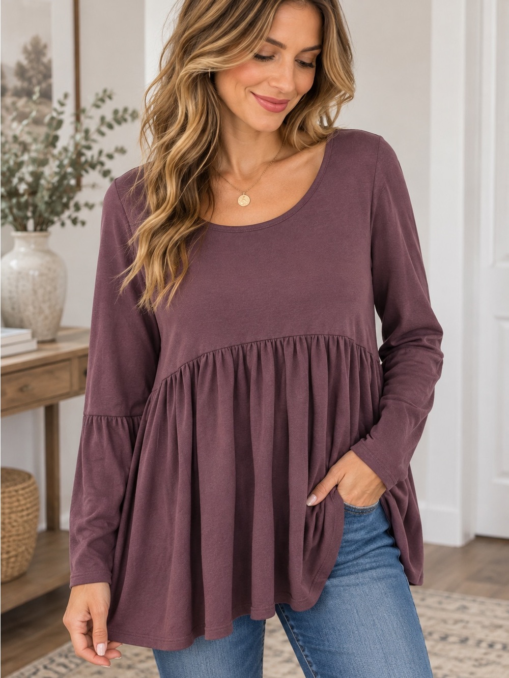 Zenana Premium 1X  Plum Babydoll Tunic Top Long Sleeve Flowy Cottagecore Casual